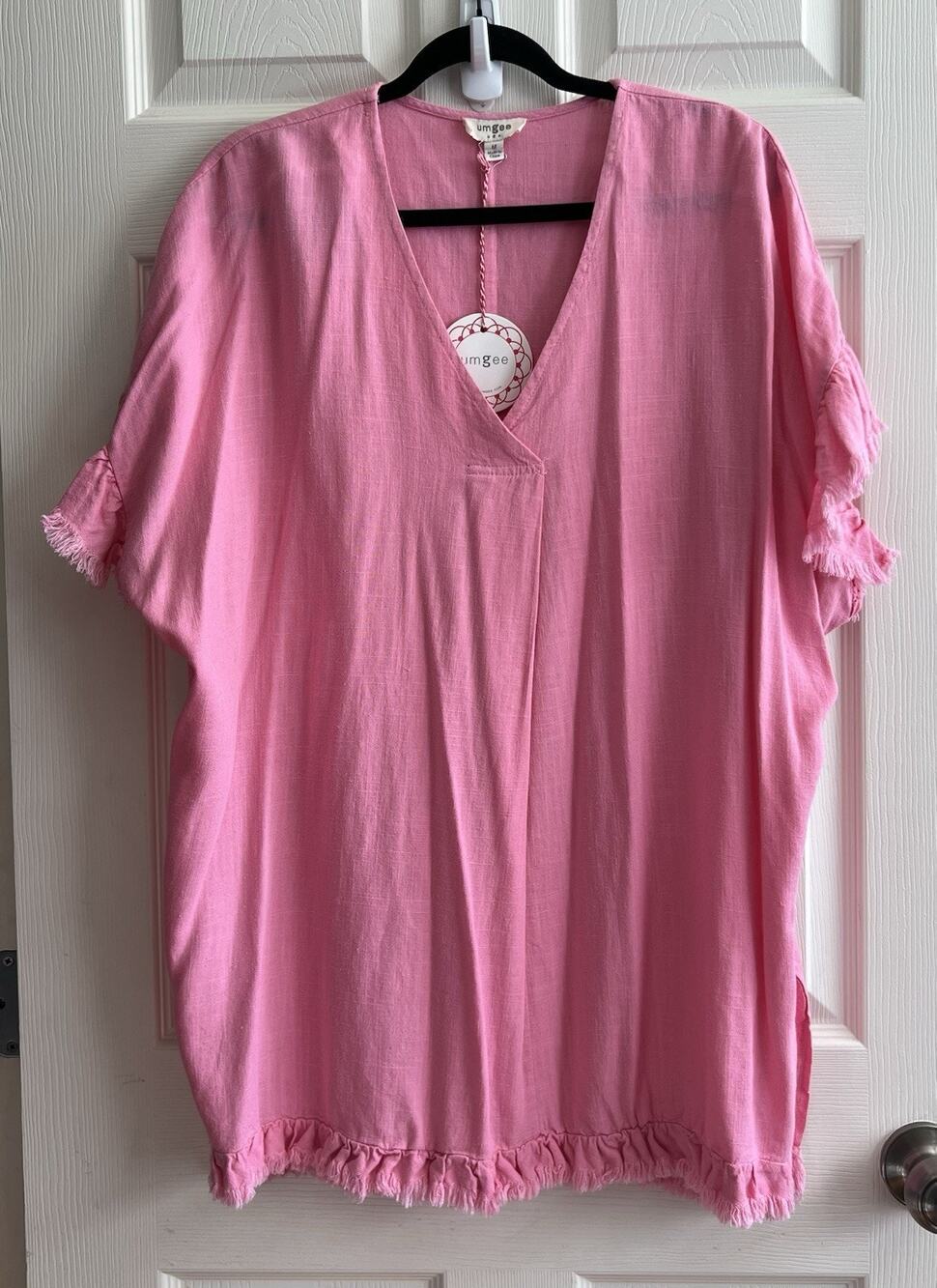UMGEE Pretty Pink Linen Blend Fringe Lagenlook Tunic Blouse Top Sz M NWT